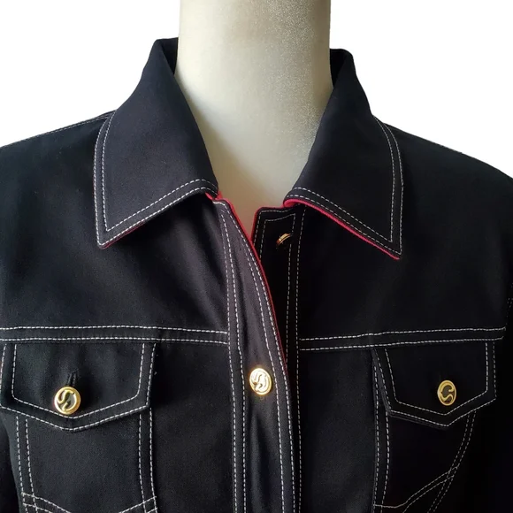 St John Sport Jean Jacket Womens Small Contrasting Cuff Stretch Black Hot Pink S